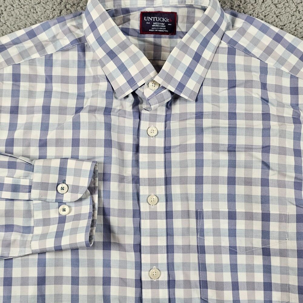 Untuckit Shirt Men Medium Blue Gingham Check Regular Pockets Long Sleeve Xavier